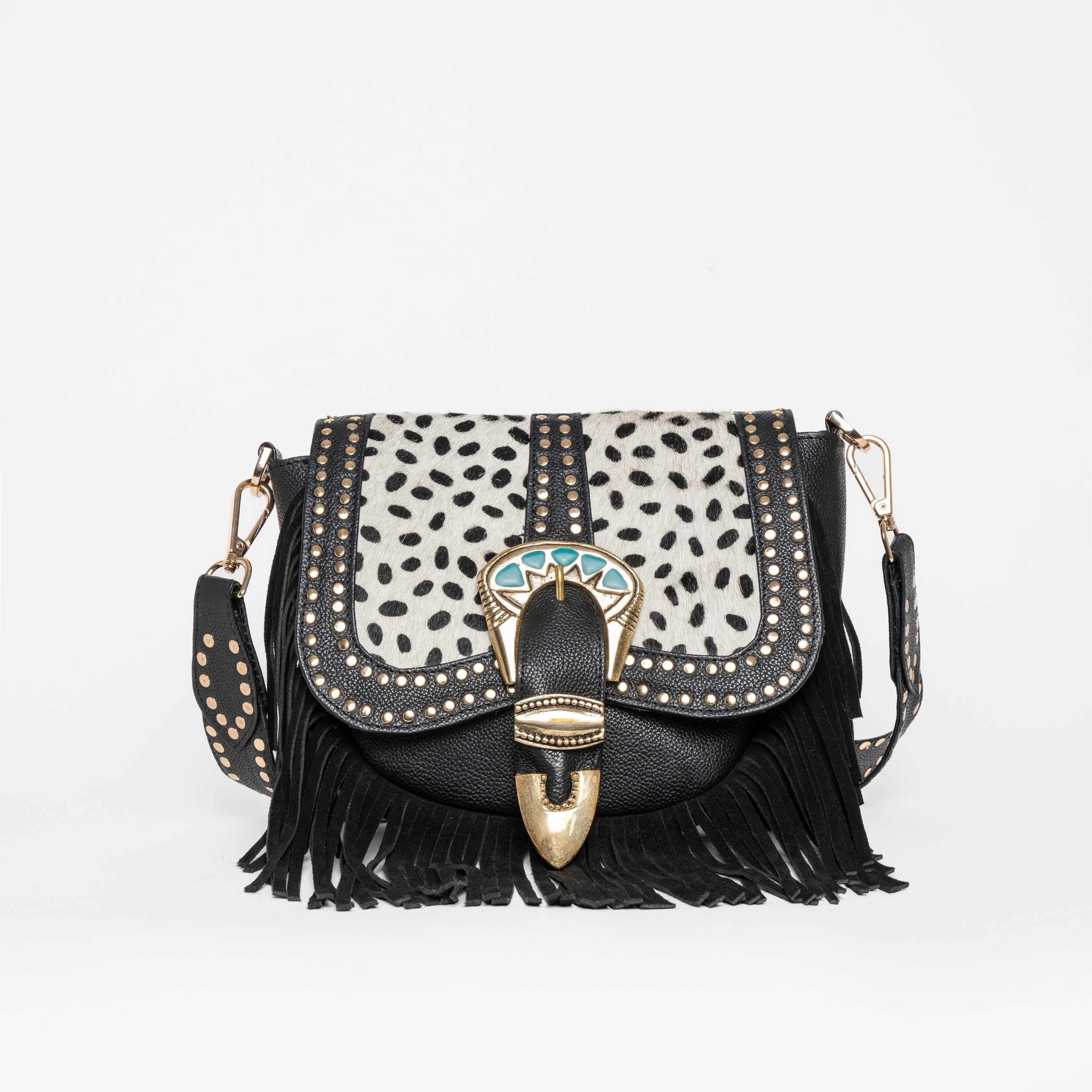 Cartera de cuero Elena con flecos y herrajes.