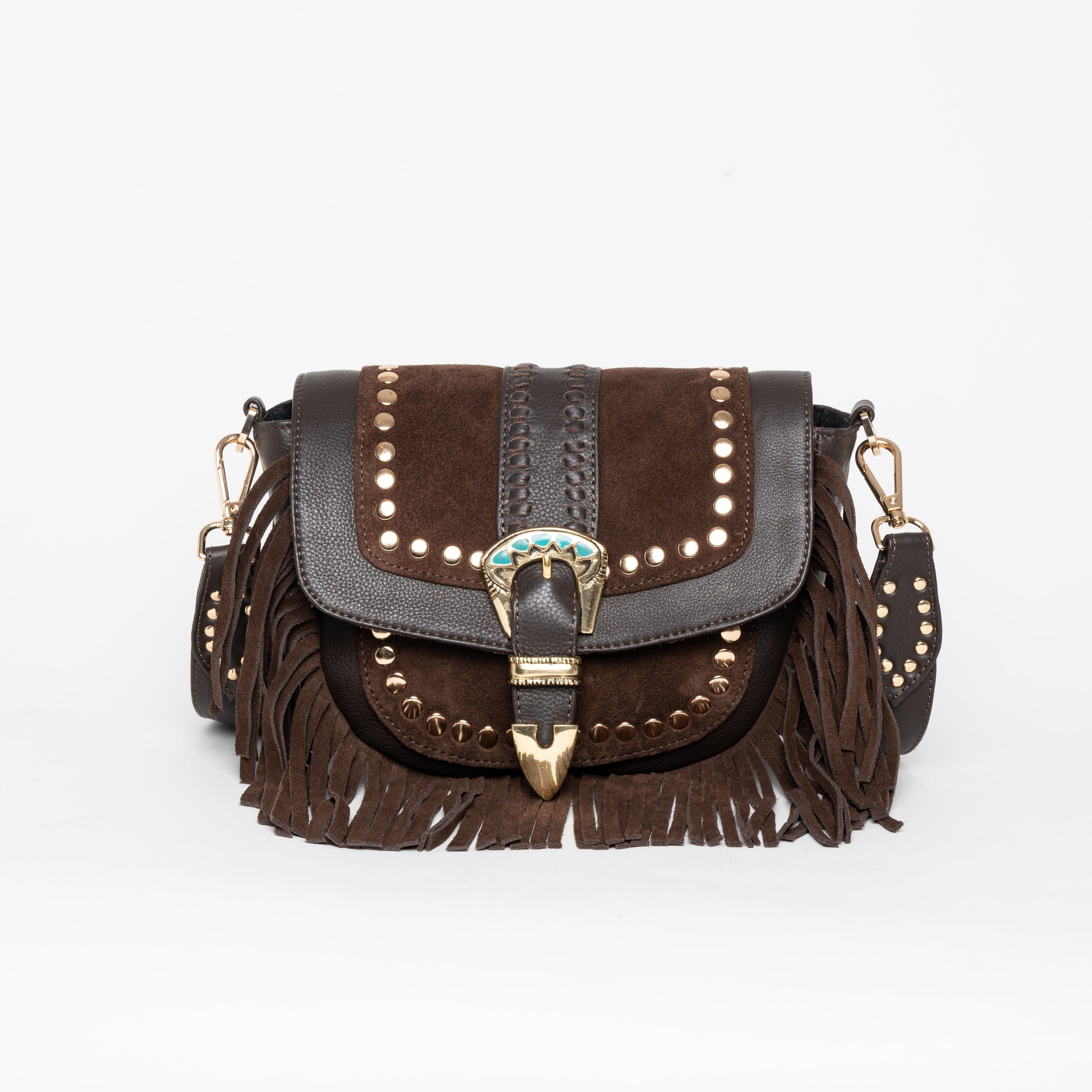 Cartera de cuero Elena con flecos y herrajes.
