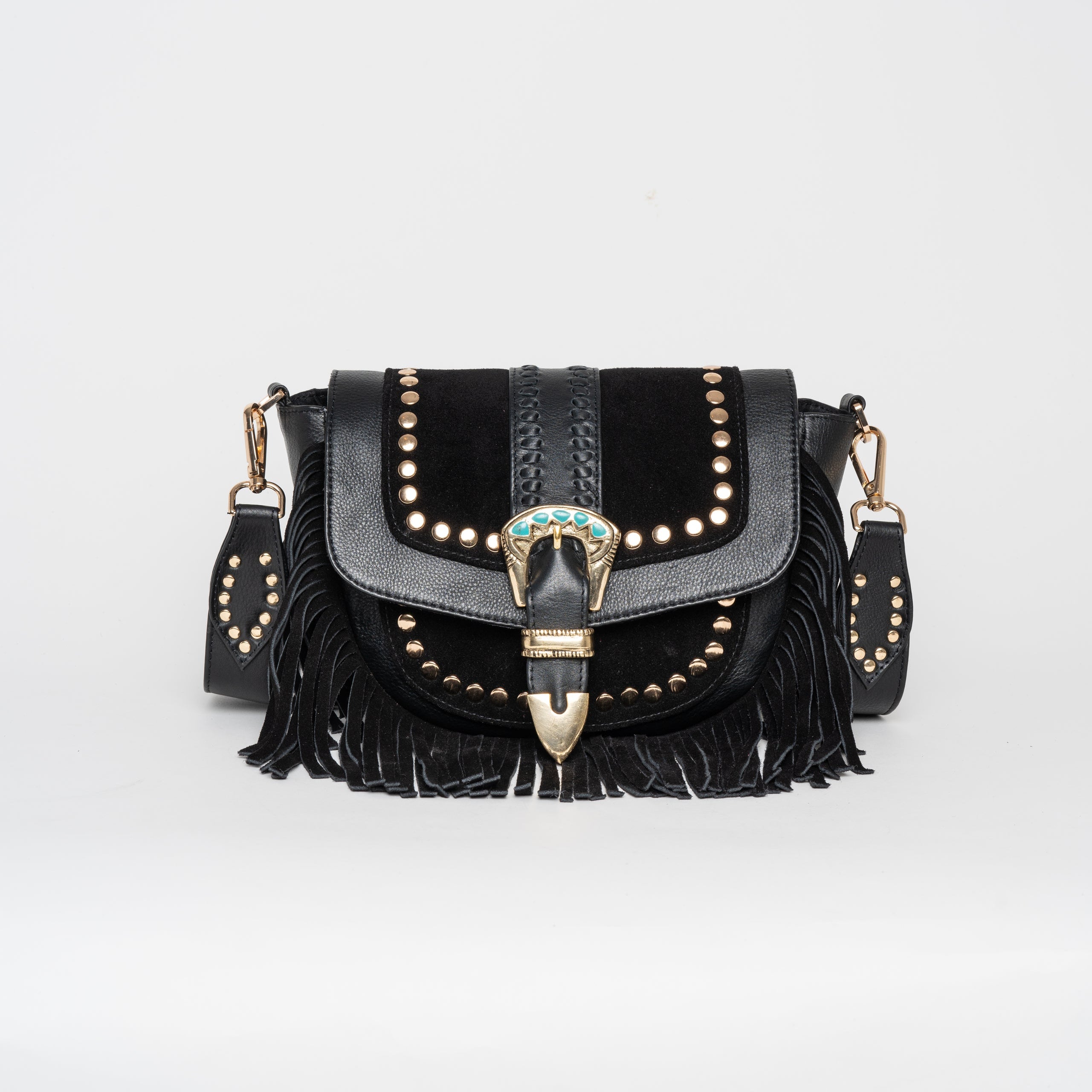 Cartera de cuero Elena con flecos y herrajes.