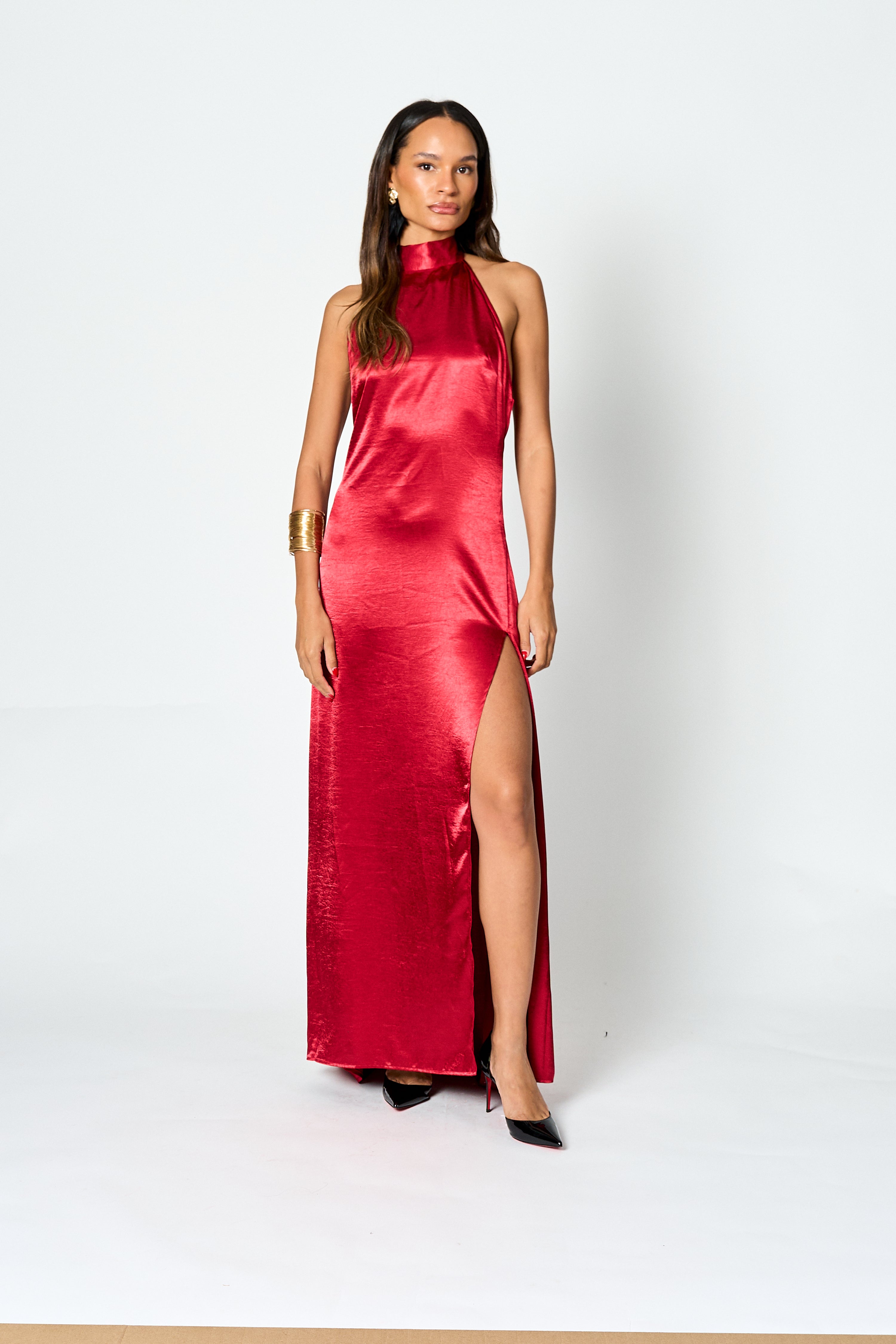 Vestido largo satinado Halter Mia