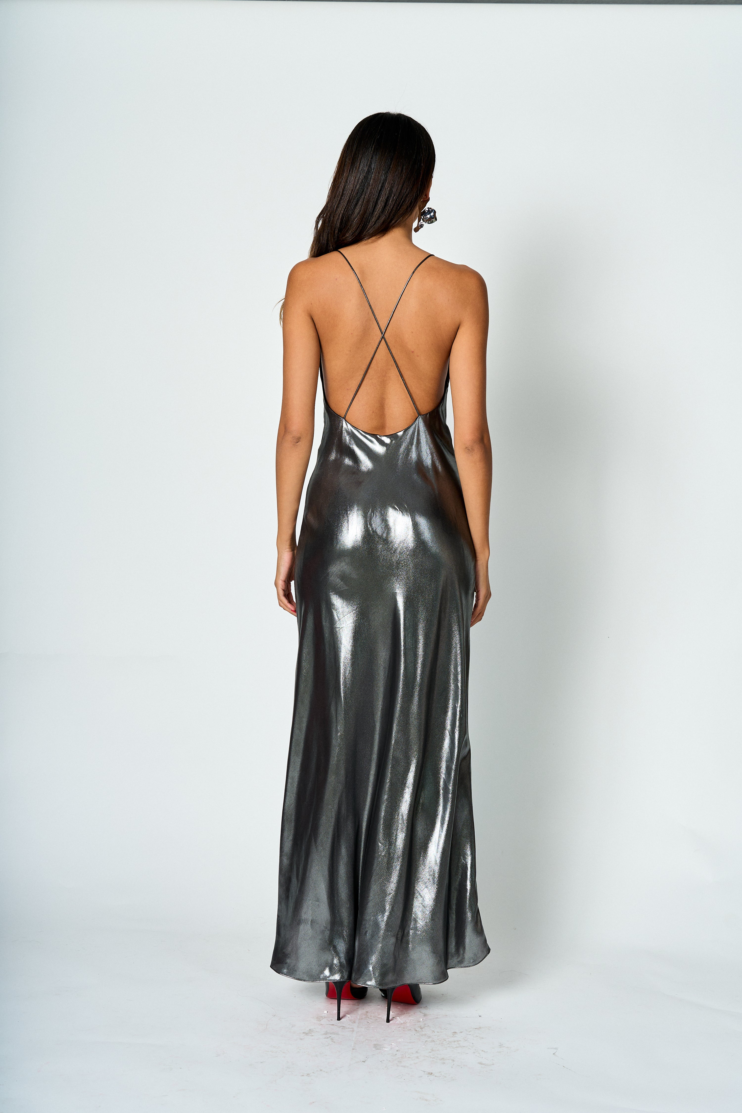 Vestido largo satinado metalizado Sofia
