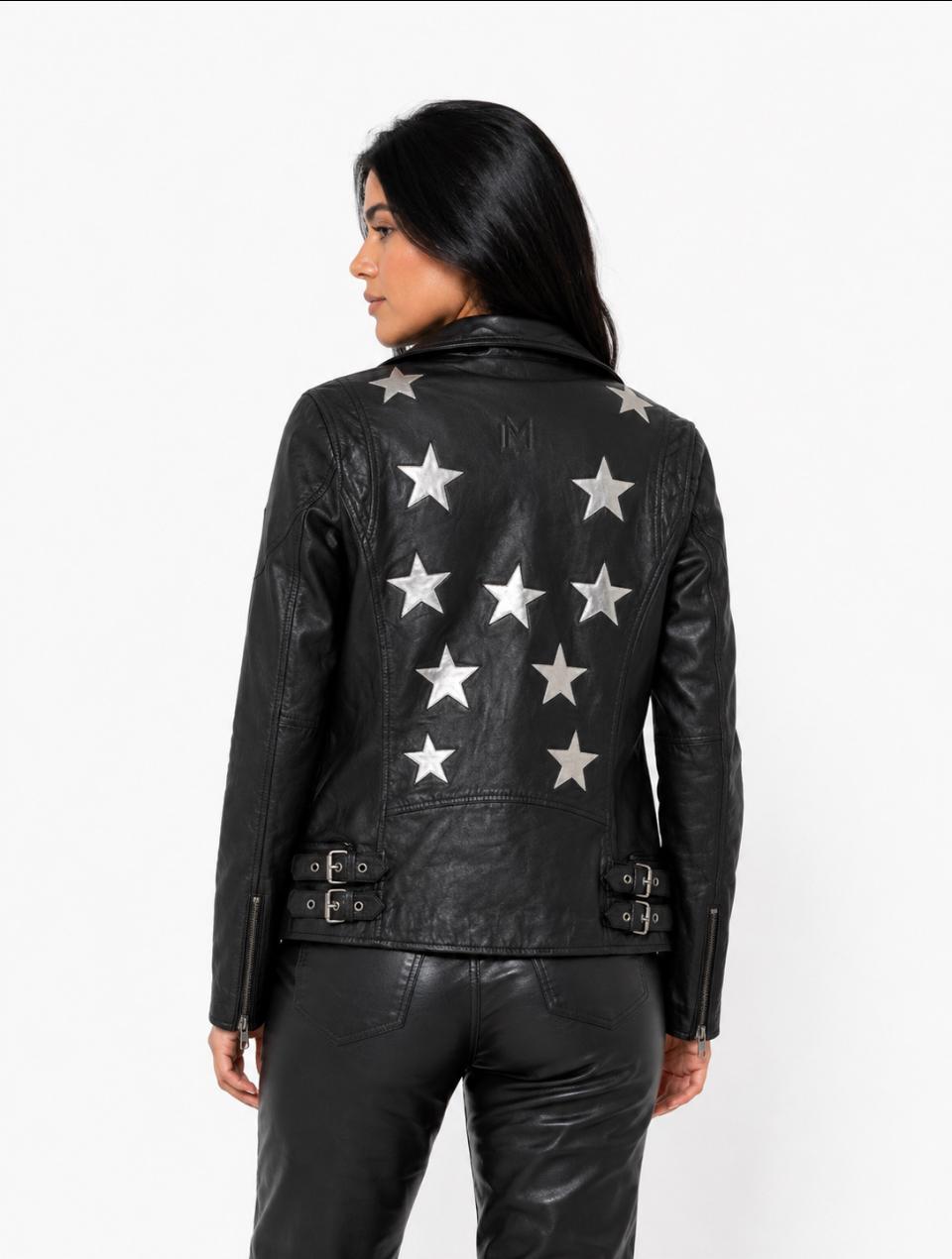 Chaqueta biker de cuero con estrellas Victoria