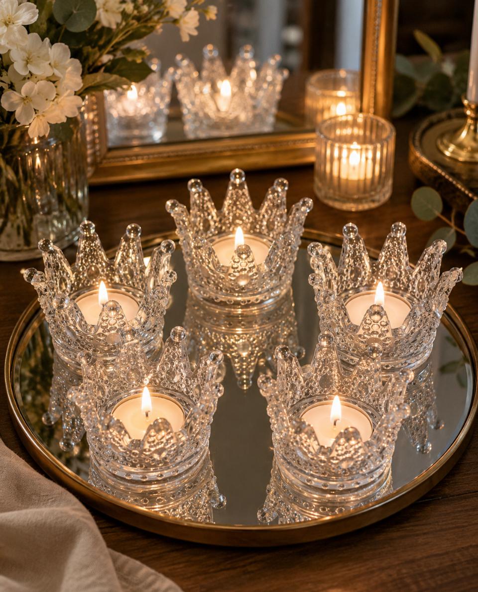 Set de 6 Coronitas Porta Velas de Vidrio transparente