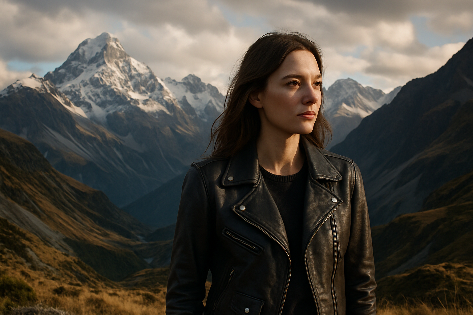 paisaje de cordillera con mujer con chaqueta de cuero